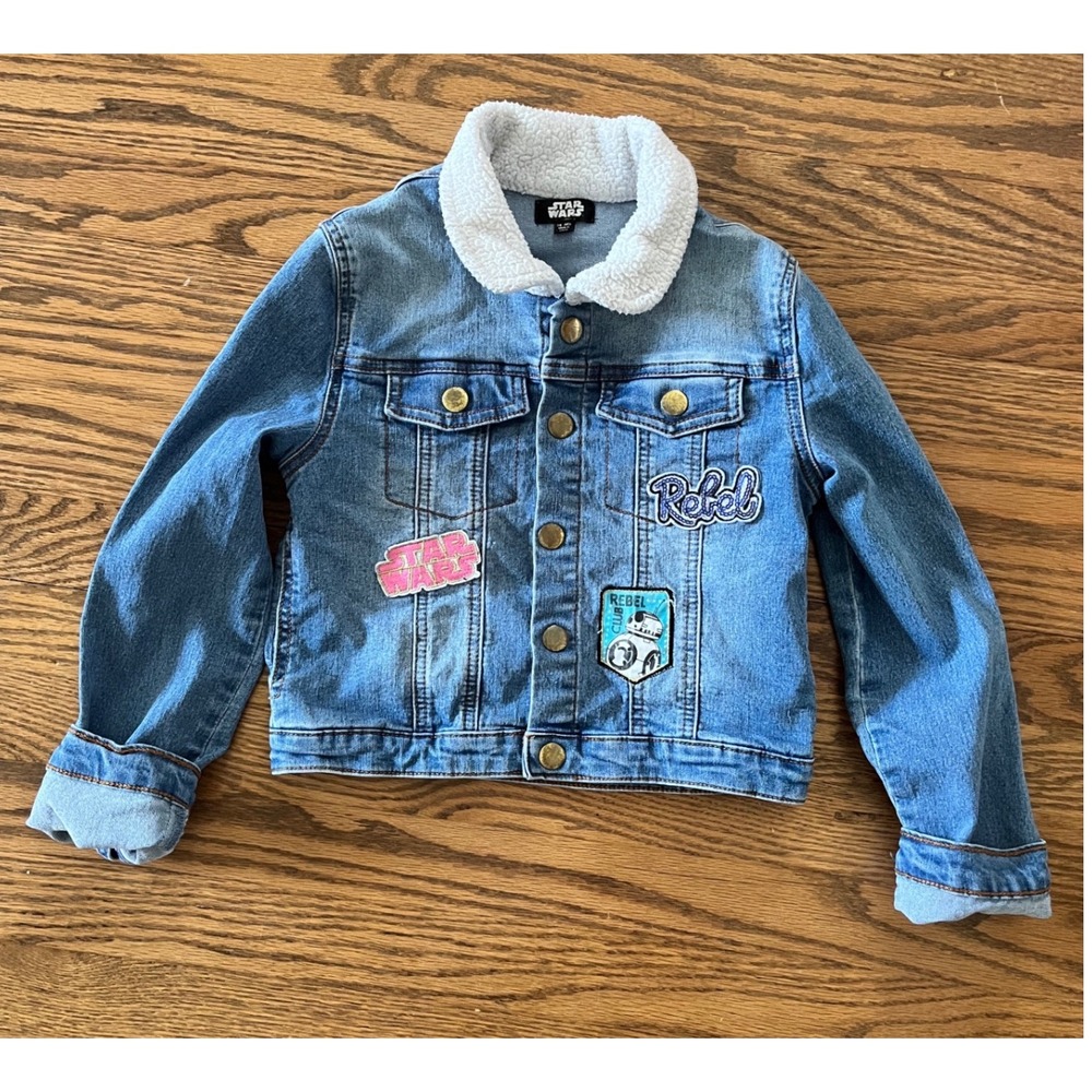 Star Wars Kids Denim Jacket Blue Faux Shearling Collar BB-8 Rebel Patches 7/8 MD